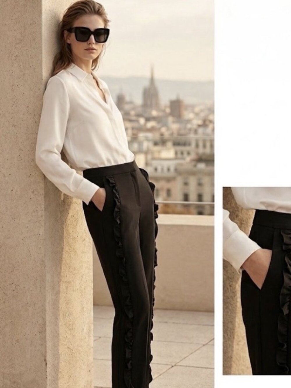 NEW Zara Black black trousers Pants Ruffle Trim Size LARGE womens